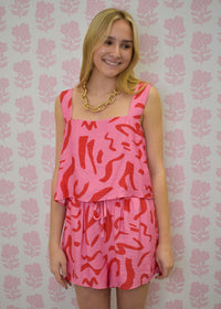 Abstract Print Top & Shorts Set - Pink/Red