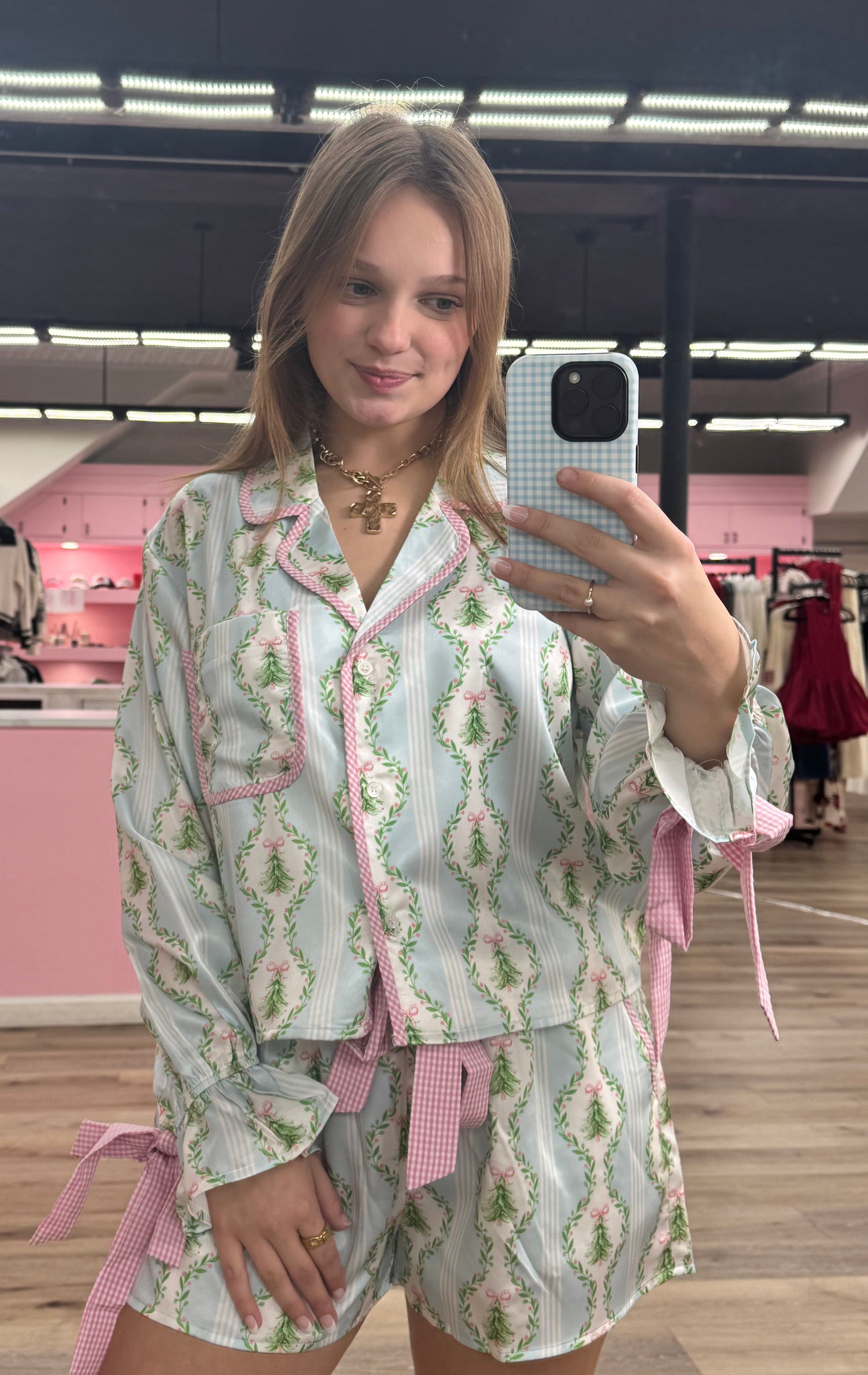 Christmas Printed Satin Tie PJ Set Blue/Pink