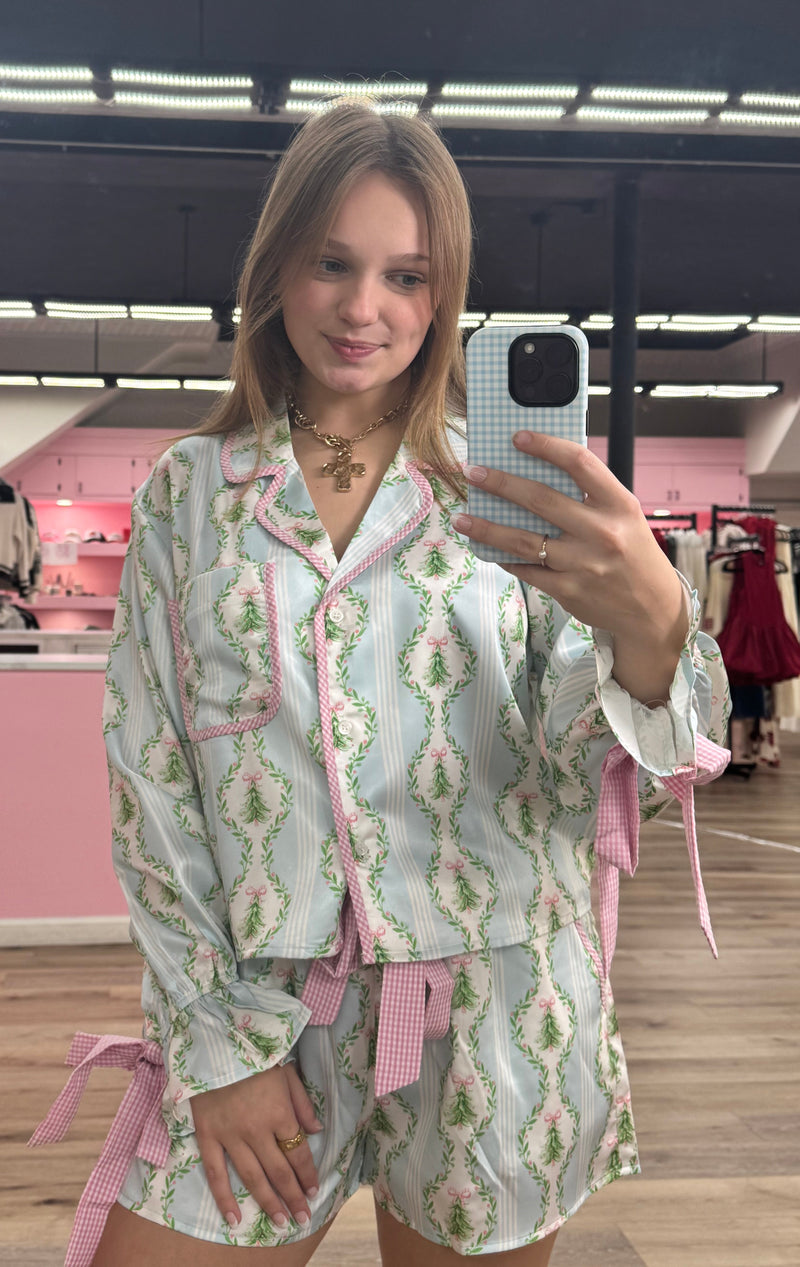 Christmas Printed Satin Tie PJ Set Blue/Pink