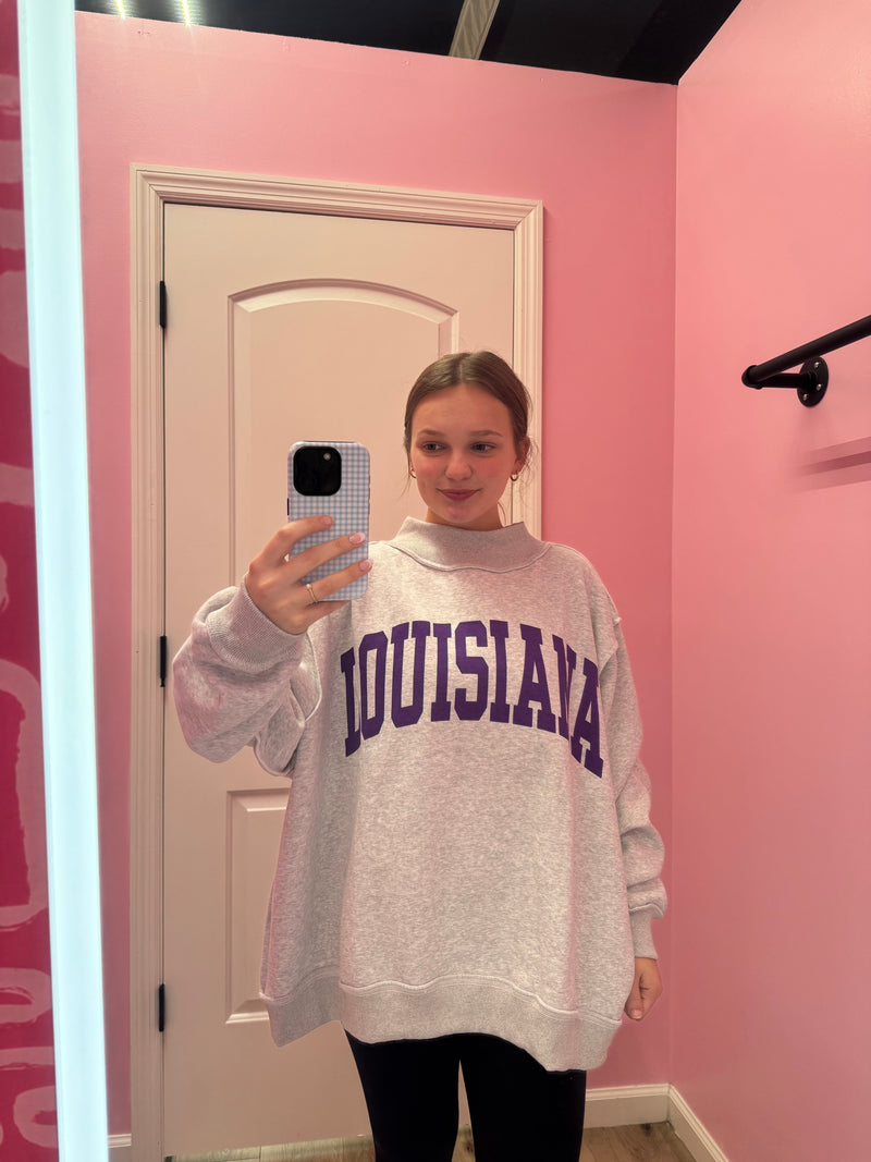 Louisiana & Tigers Reversible Mockneck Sweatshirt - H. Grey/Purple