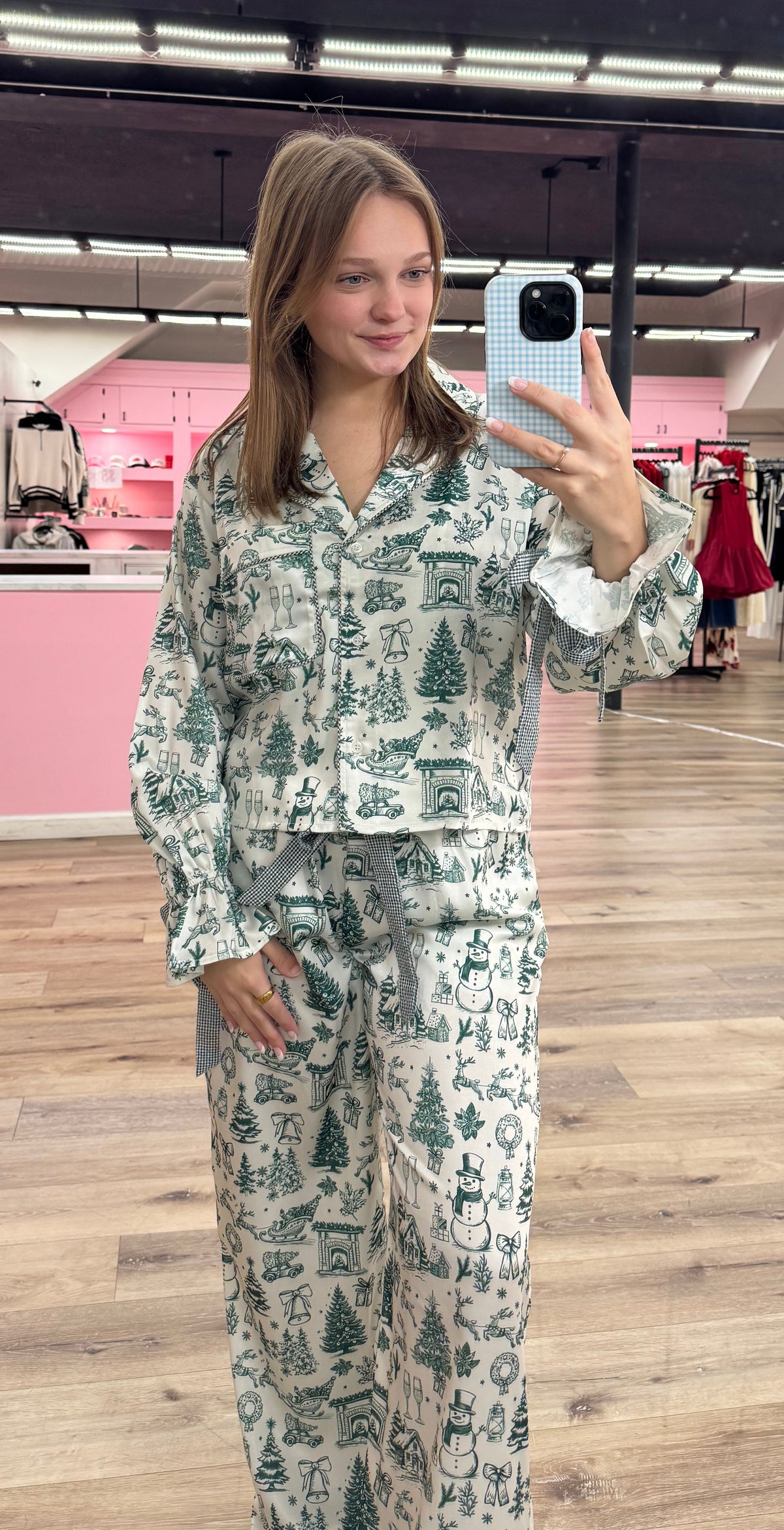 Christmas Printed Satin Gingham Tie Detail PJ Set