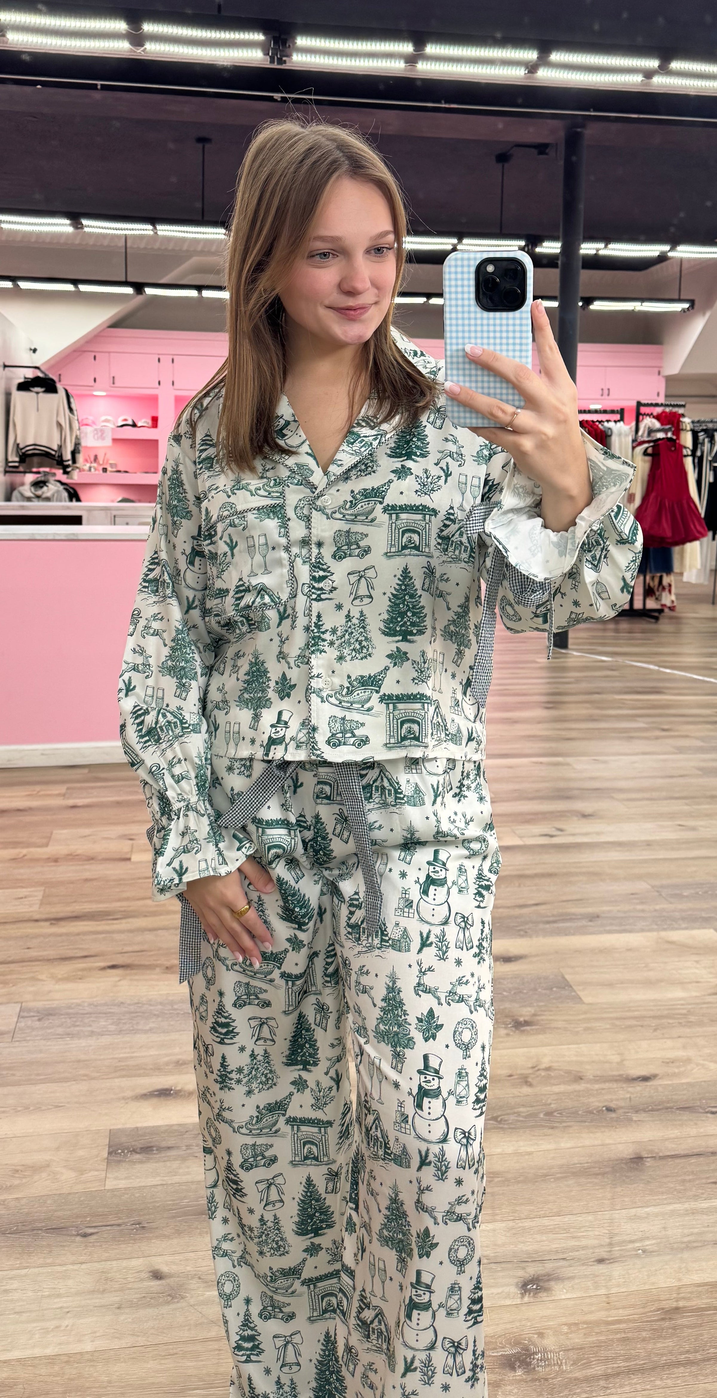 Christmas Printed Satin Gingham Tie Detail PJ Set