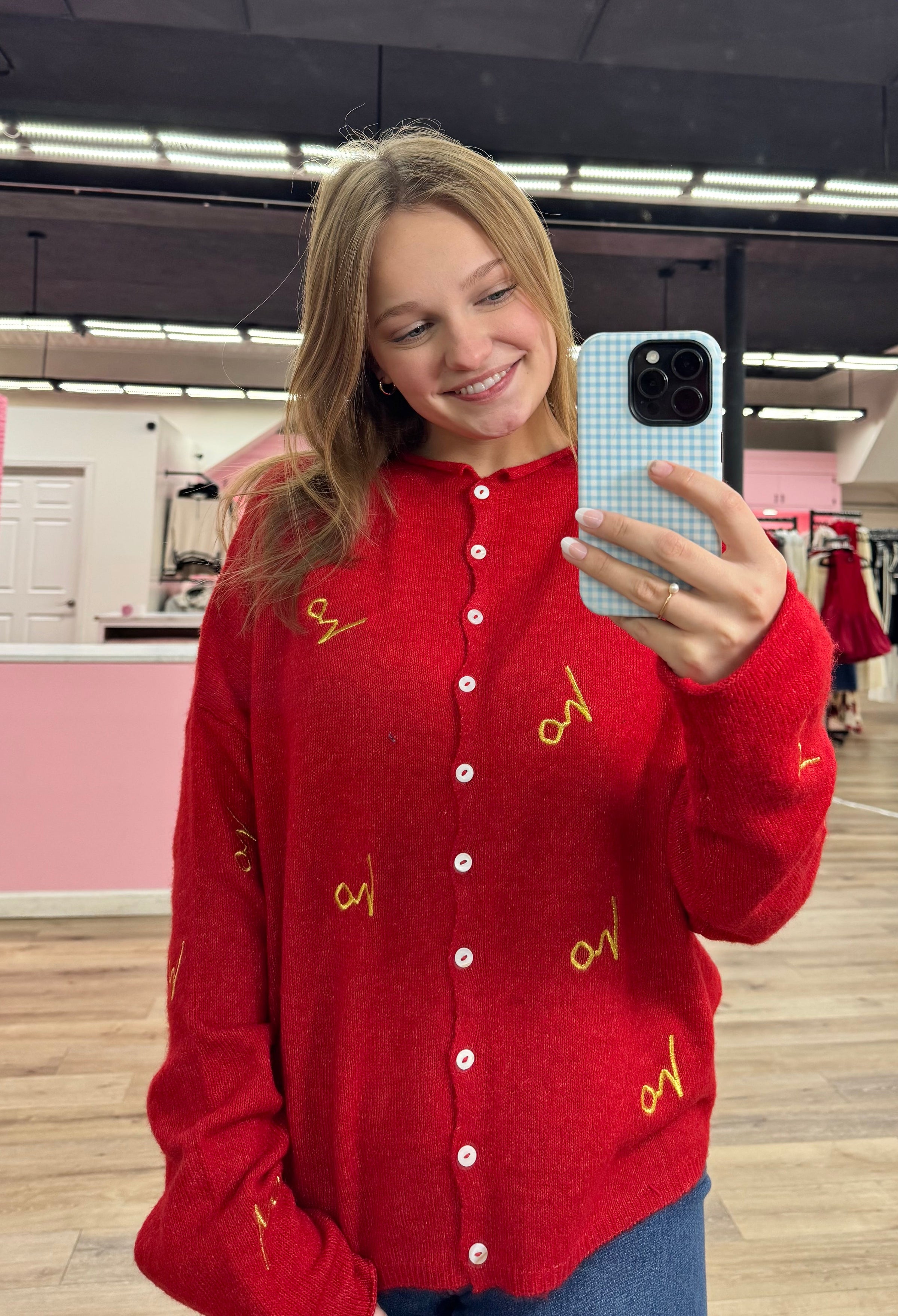 Embroidered Ho Ho Ho Cardigan - Red with Gold thread