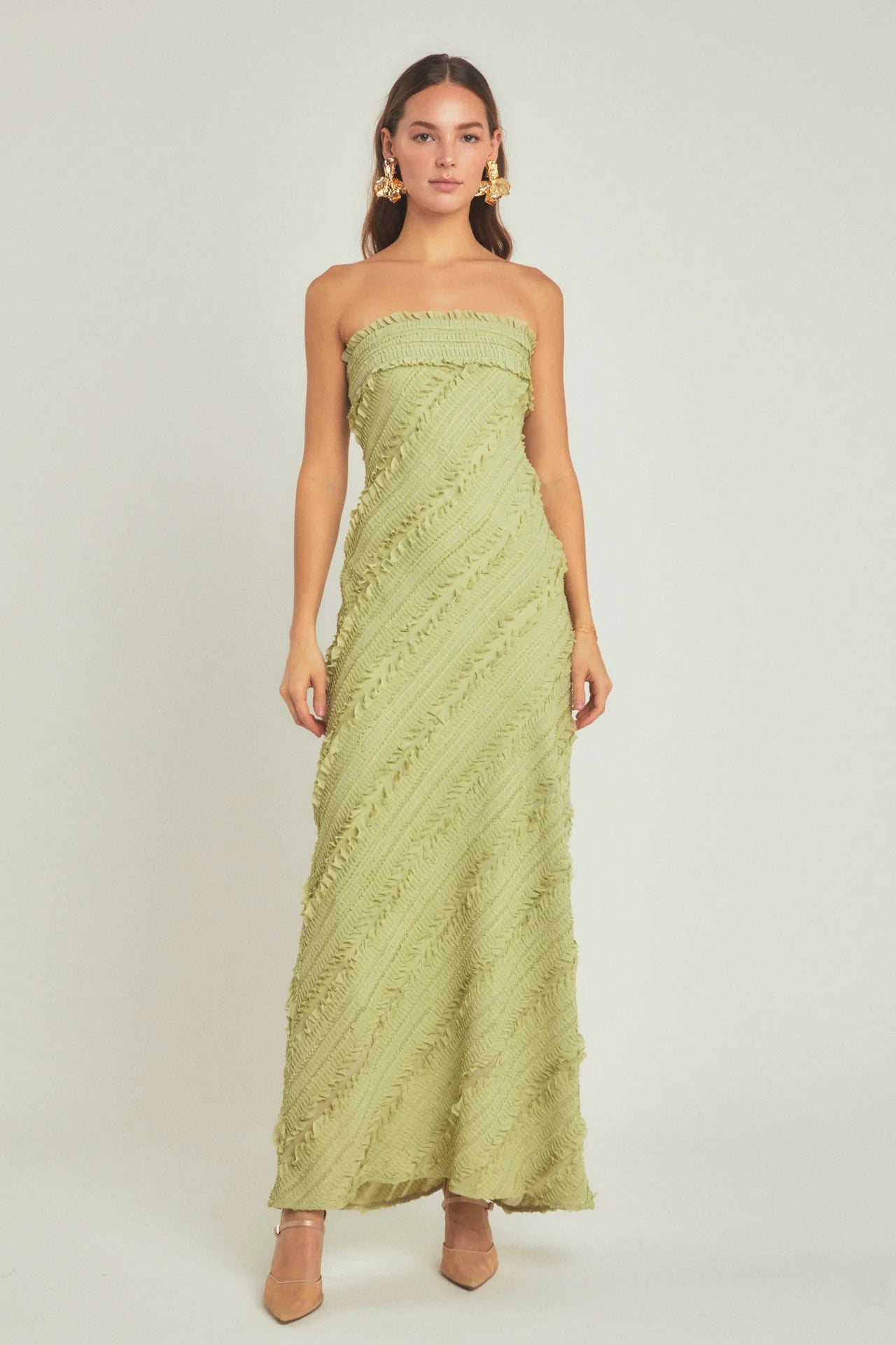 Strapless Ruffled Maxi Dress - Pistachio.