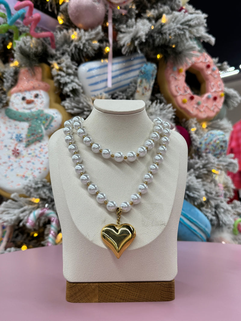 Wrap Around Pearl Heart Necklace- Gold