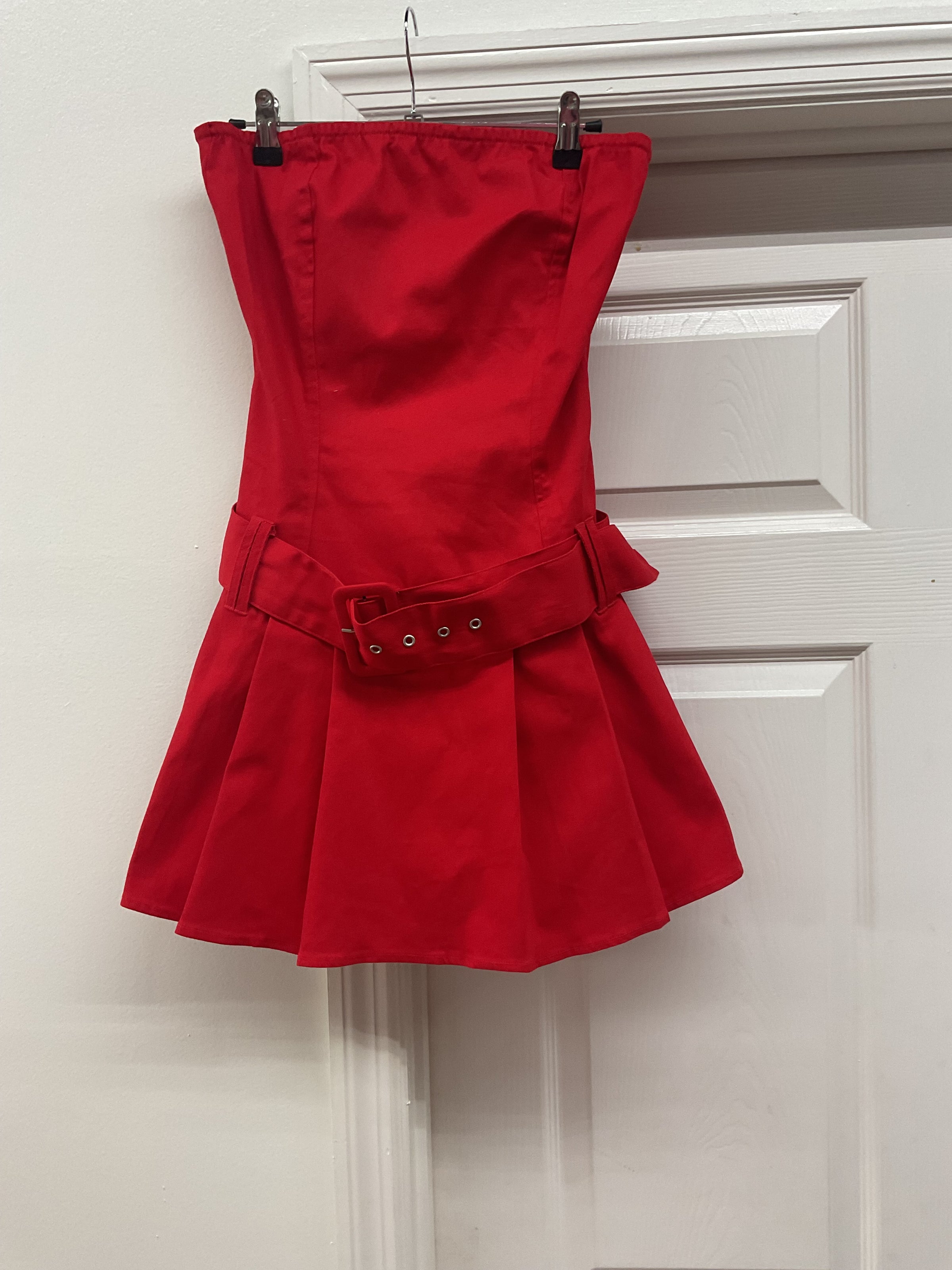 Strapless Drop Waist Denim Dress - Red