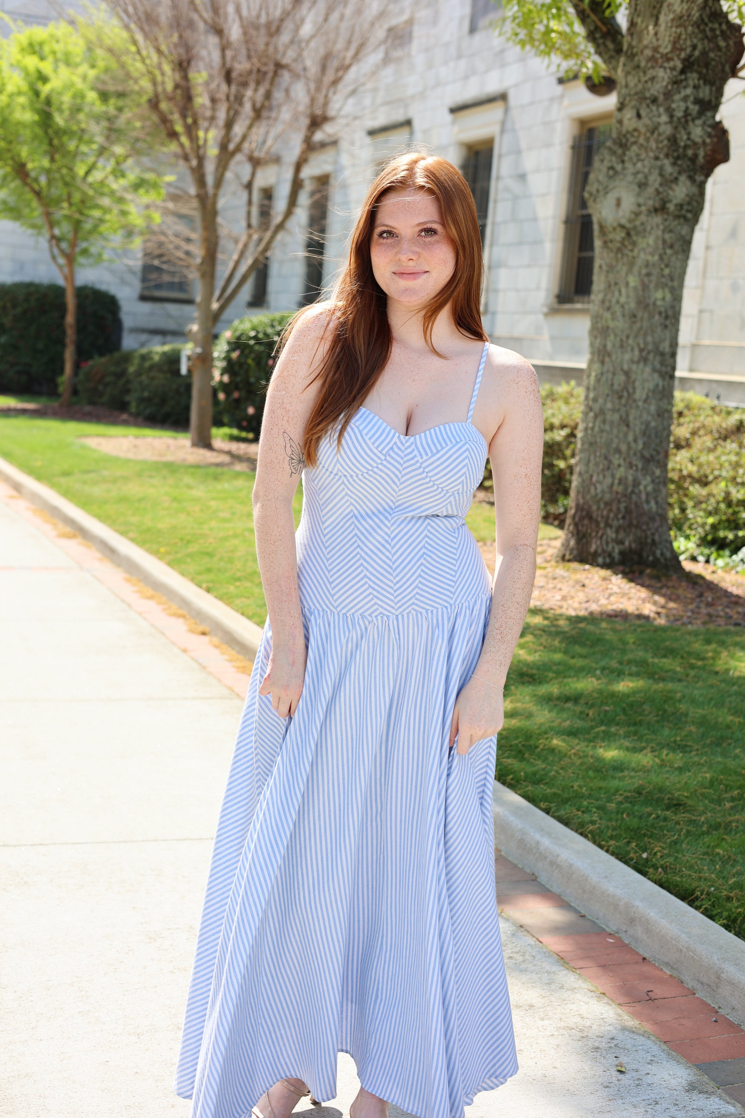 Striped Sweetheart Neck Maxi Dress - Blue