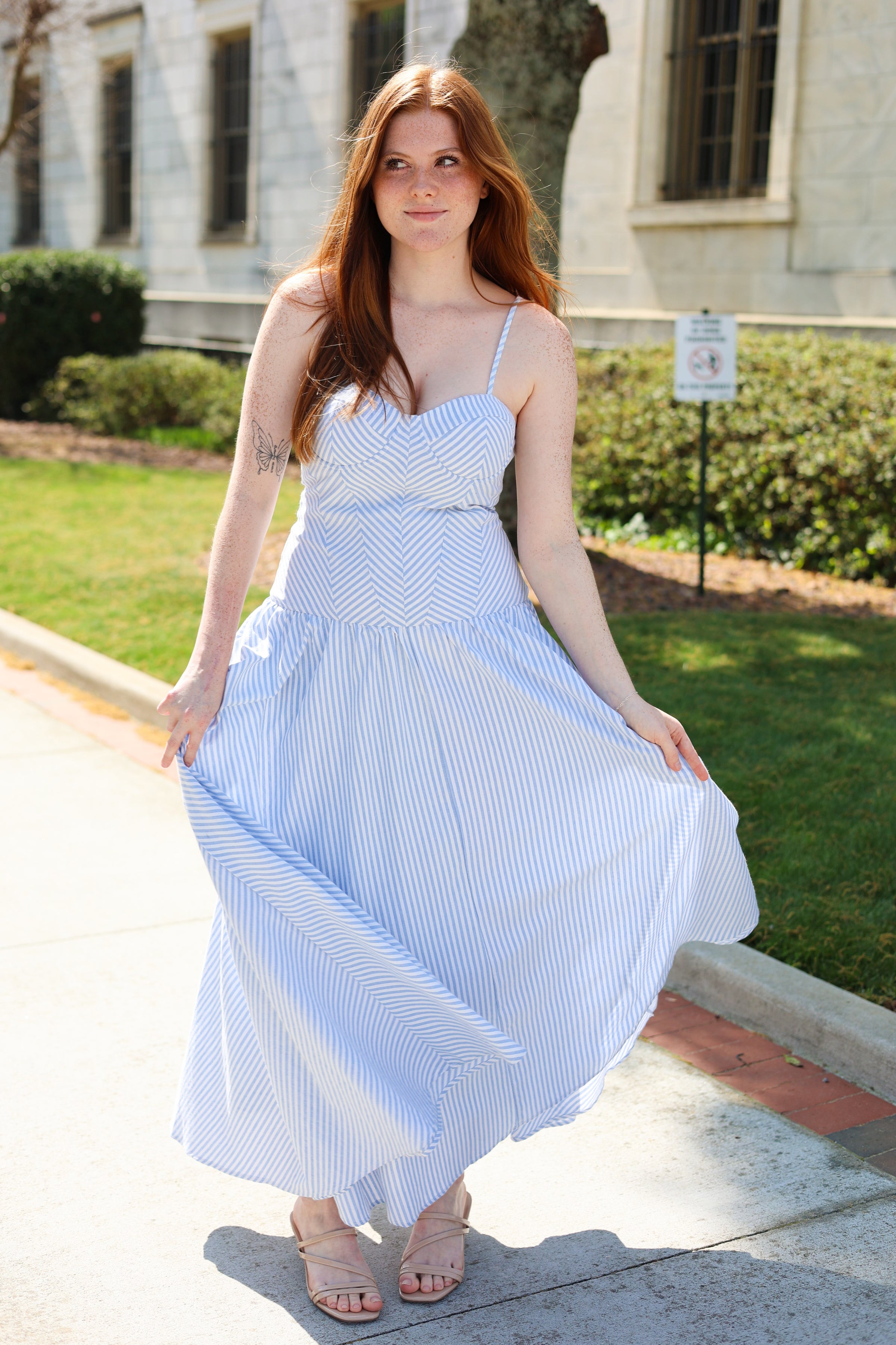 Striped Sweetheart Neck Maxi Dress - Blue