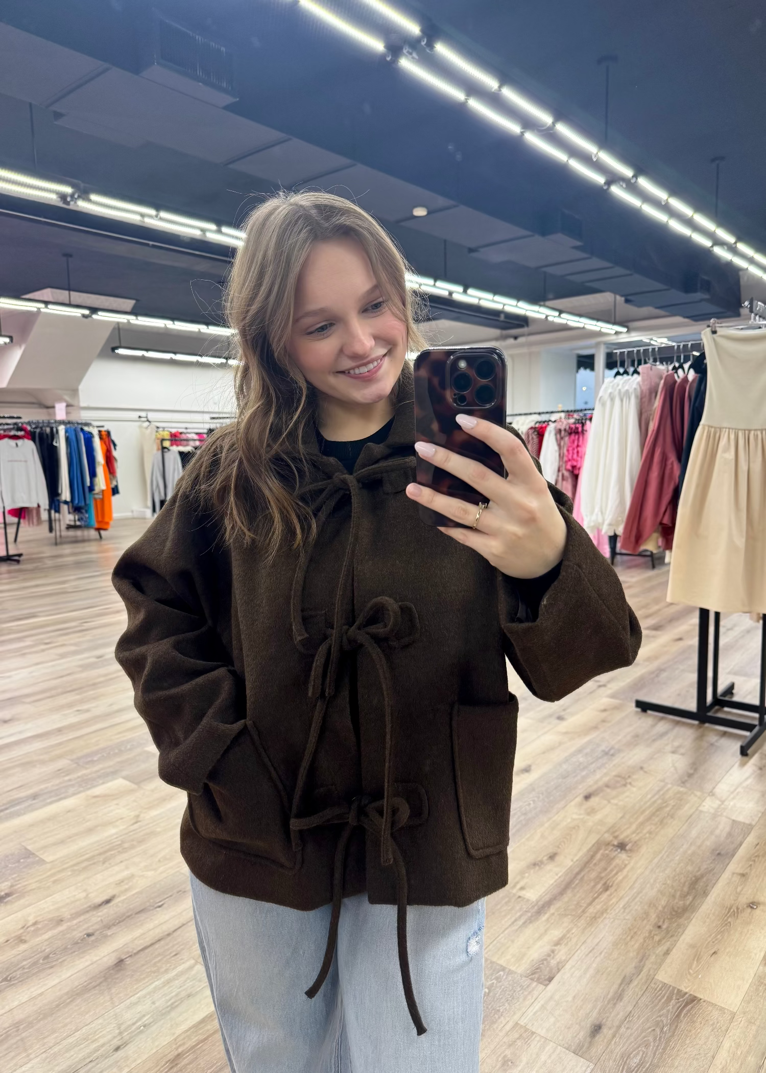 Brown faux wool coat with bows to tie front together