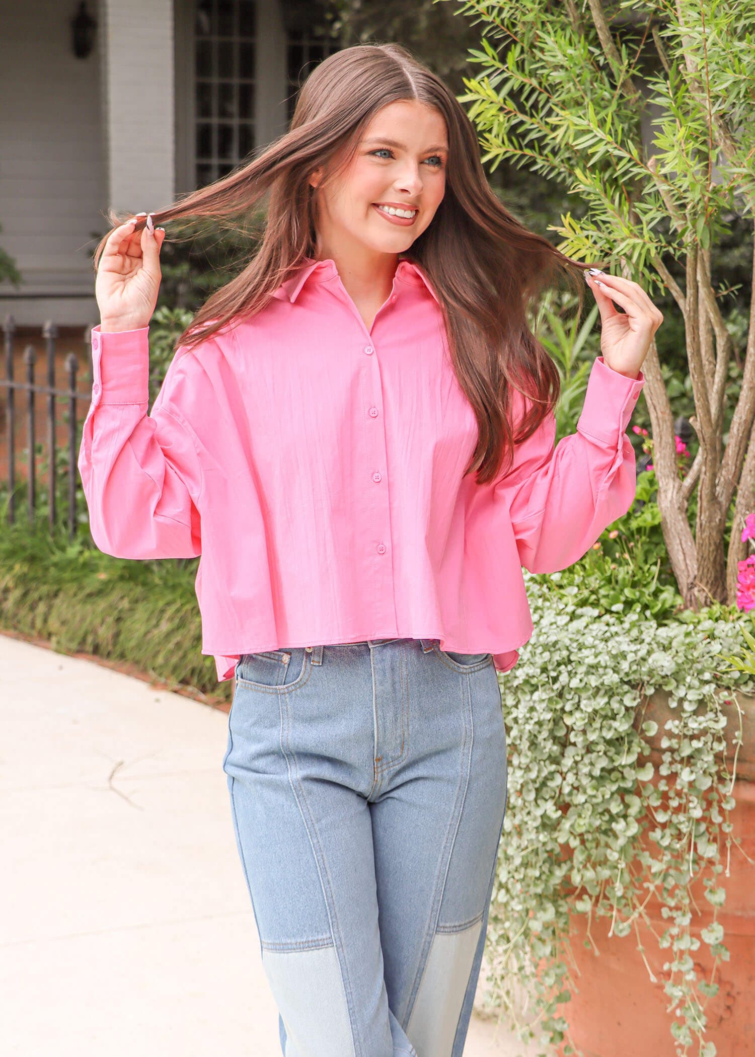 Feelin' Fun Cropped Button Down - Pink Tops MerciGrace Boutique.