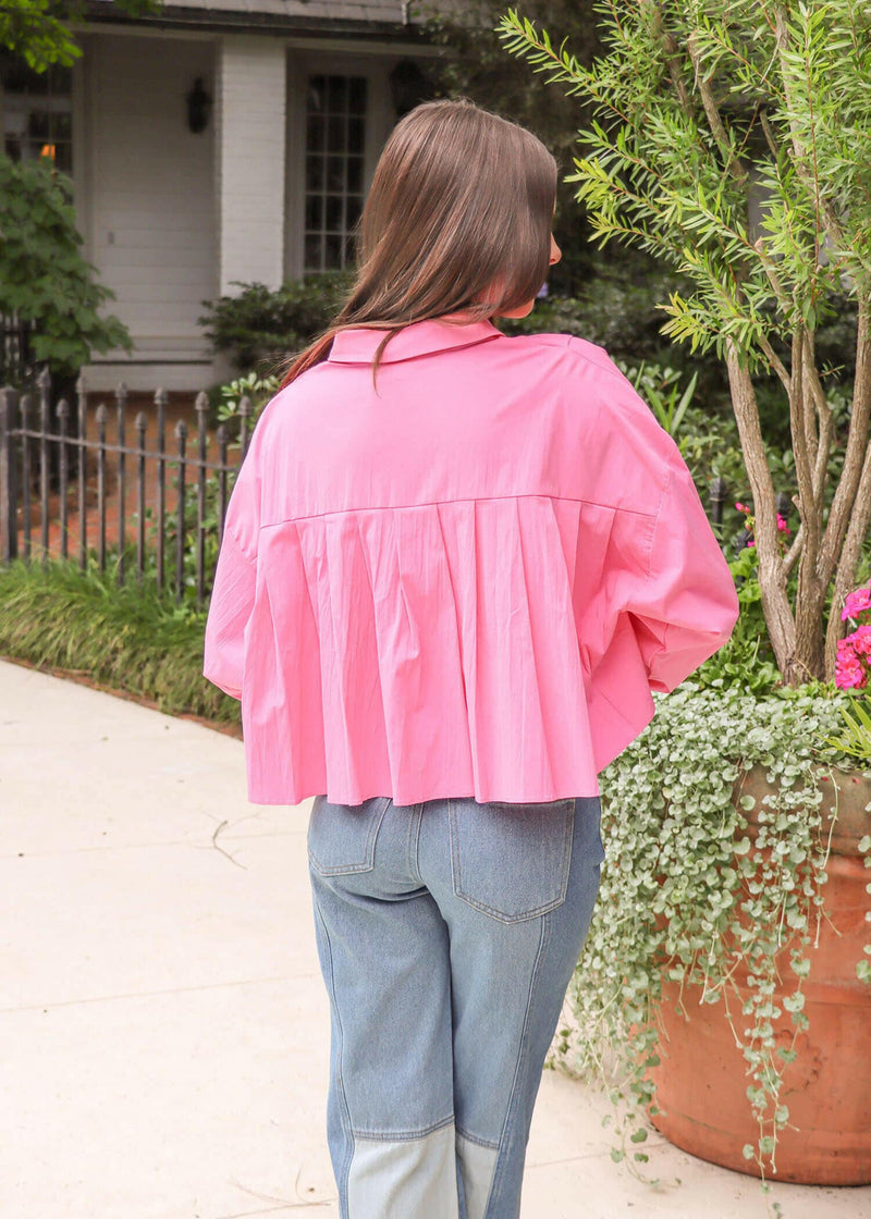 Feelin' Fun Cropped Button Down - Pink Tops MerciGrace Boutique.