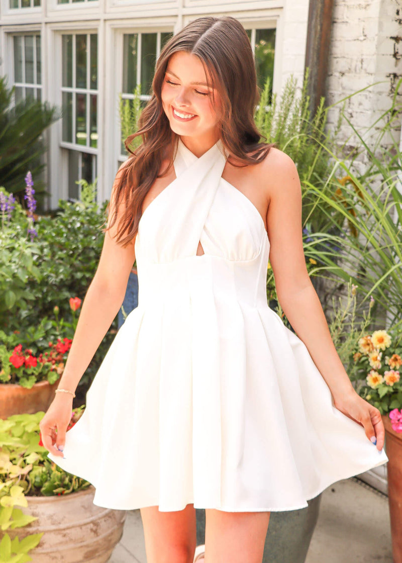 Cross My Mind Mini Dress - White Dress MerciGrace Boutique.