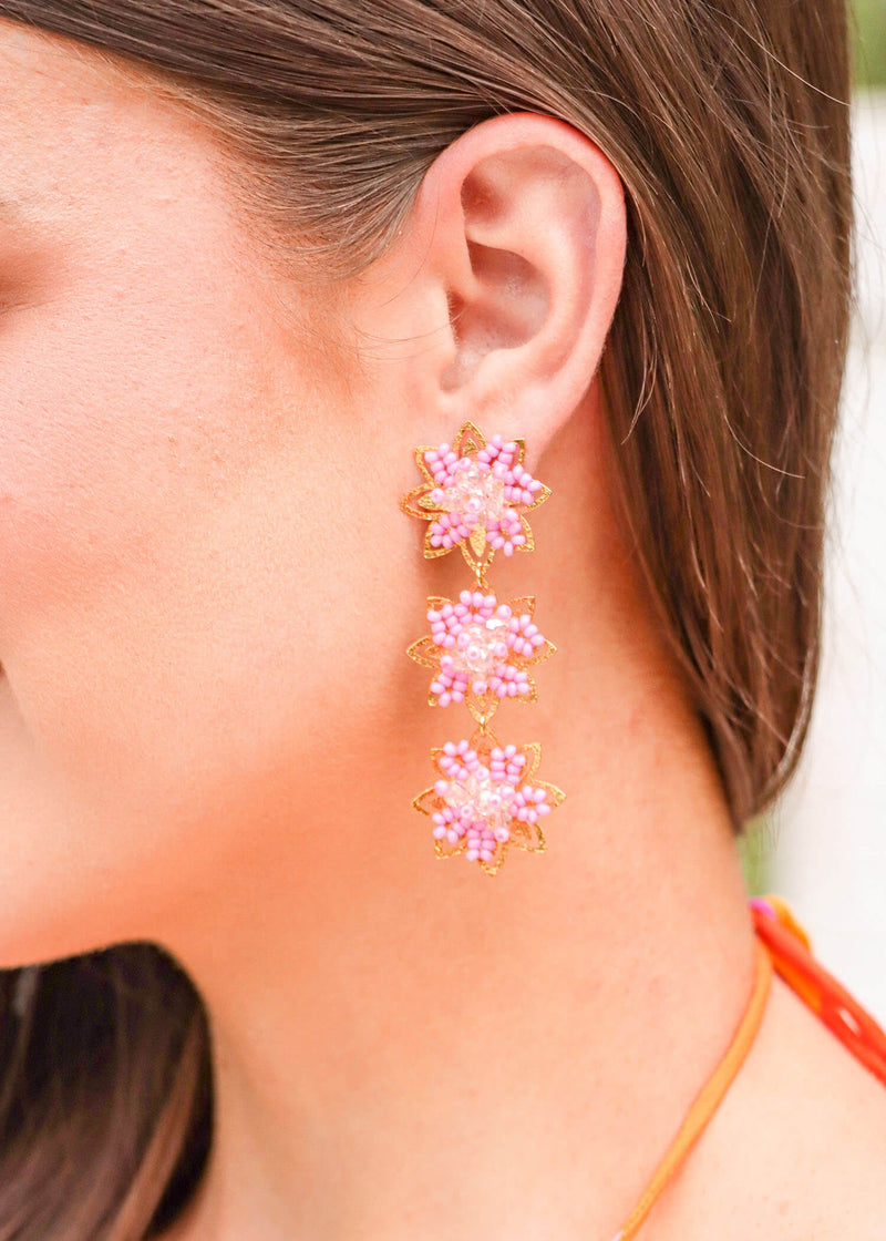 Triple Daisy Earrings - Pink Earrings MerciGrace Boutique.