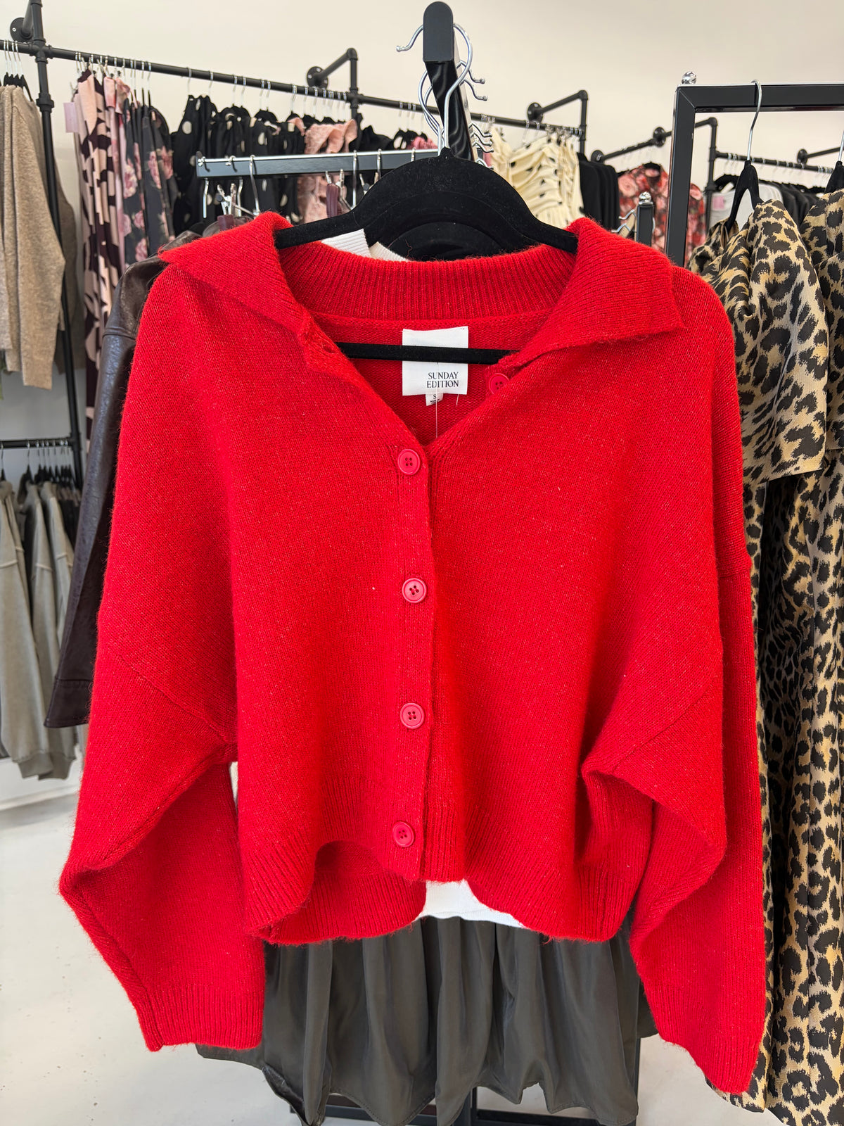 Collared Sweater Cardigan - Red