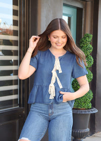 Archives Peplum Tie Front Top - Chambray