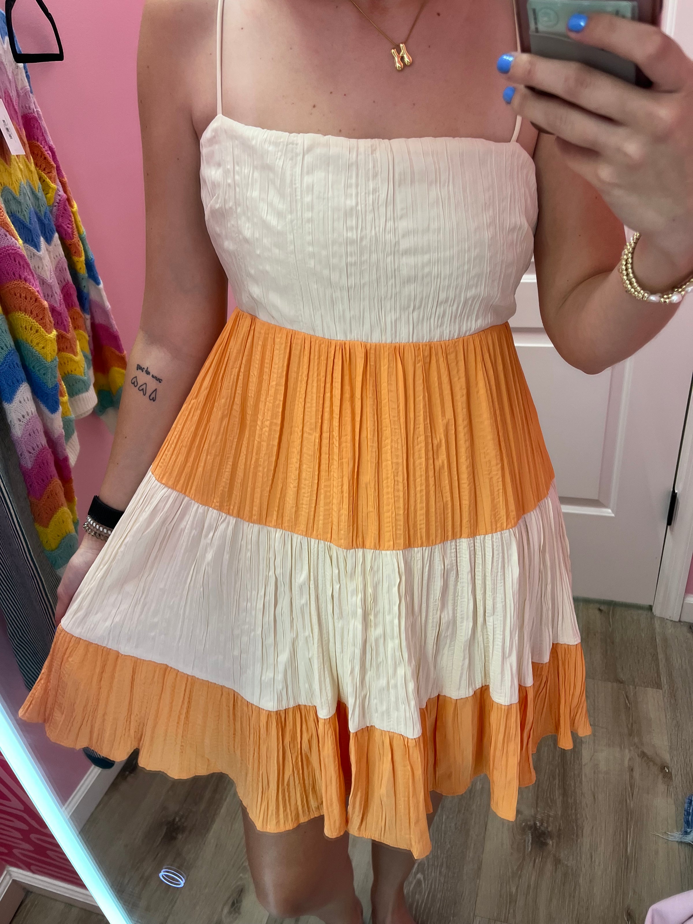 Tiered Mini Dress- Cream/Orange