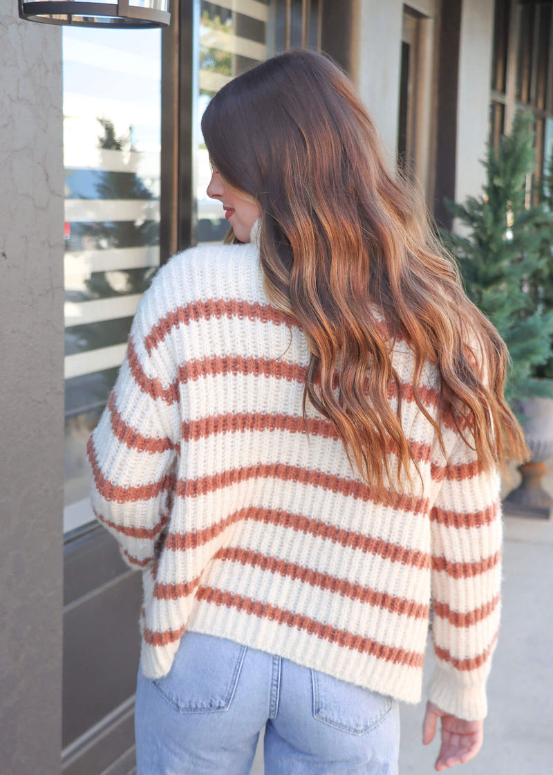 Between The Lines Turtle Neck Sweater - Ivory/Rust