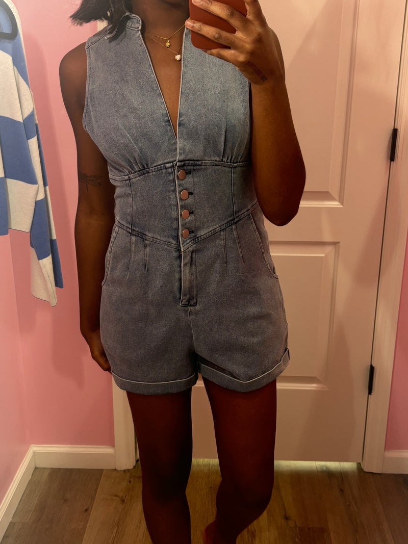 Sleeveless Corset Denim Romper- Denim Blue