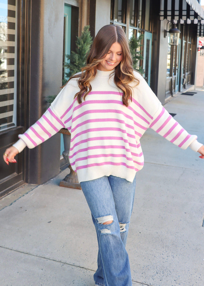 Read Between The Lines Oversized Sweater - White/Pink