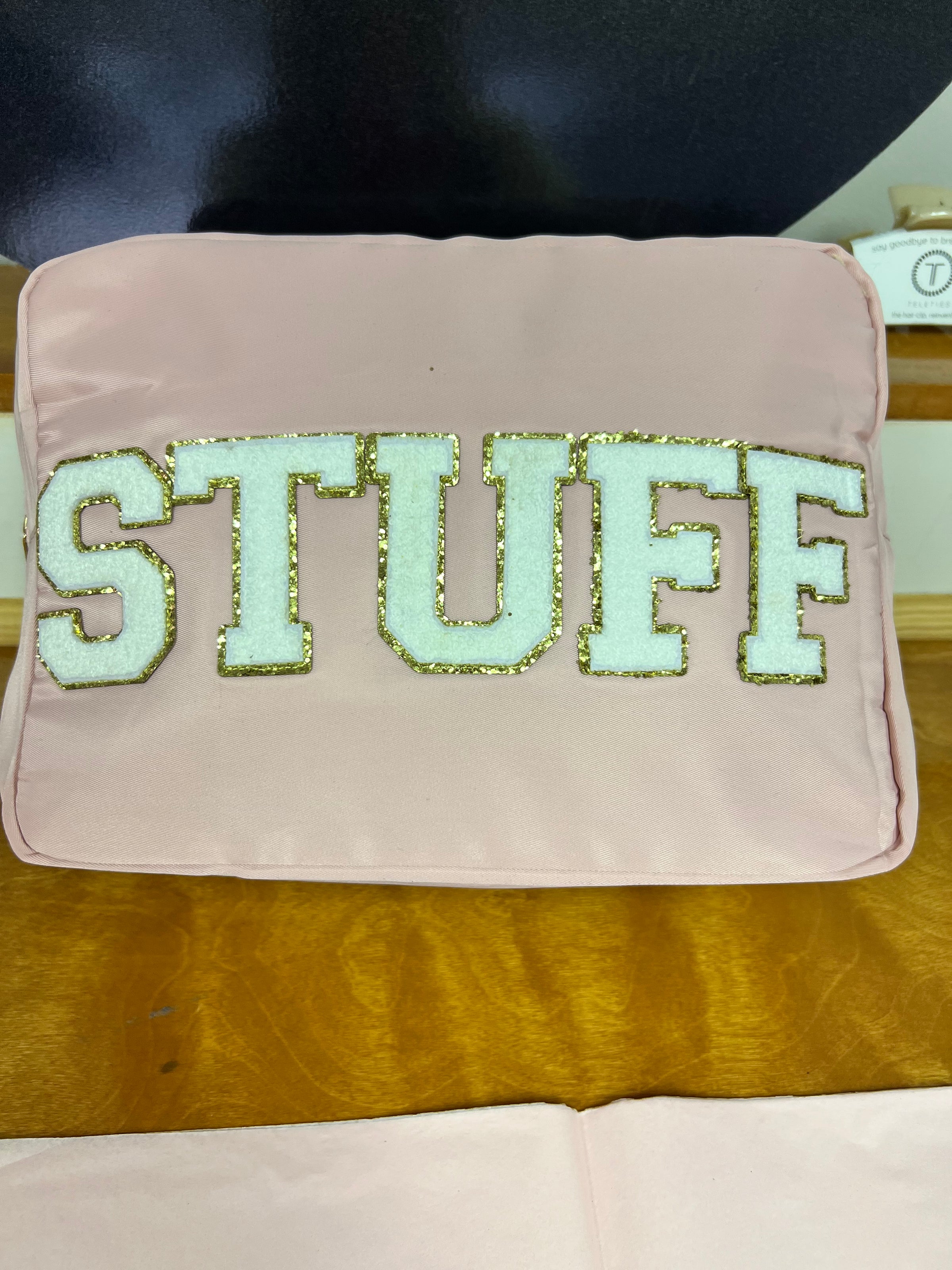 STUFF XL Nylon Varsity Pouch - White with Gold Lettering Accessories MerciGrace Boutique.
