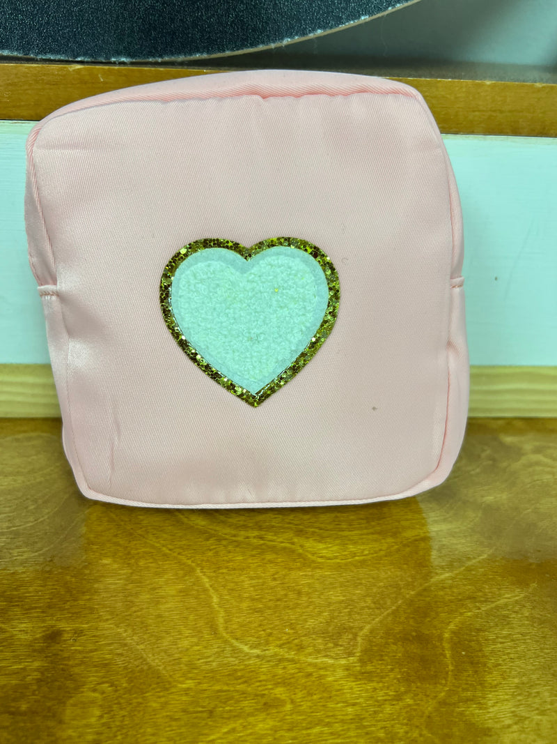Small Nylon Varsity Pouch - Pink with White HEART Lettering Accessories MerciGrace Boutique.