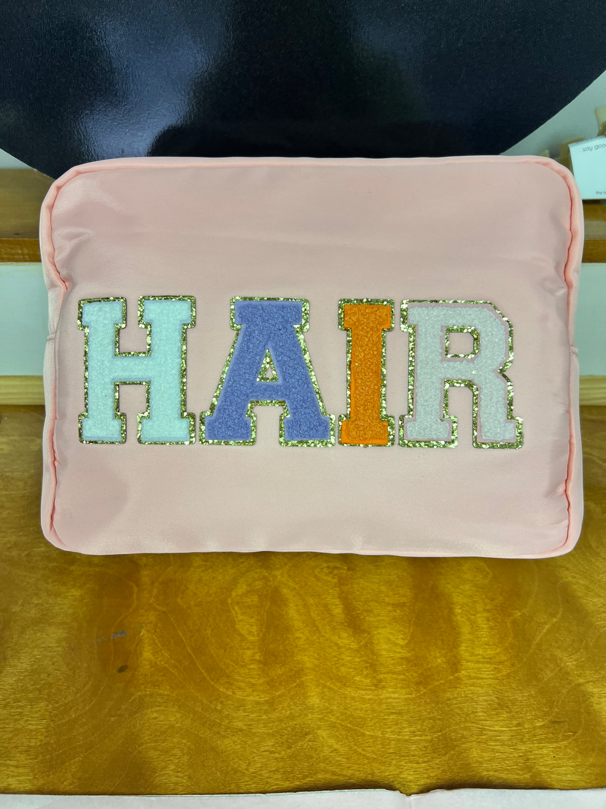 HAIR Xl Nylon Varsity Pouch - Pink with Multi Colored Patch Gold Lettering Accessories MerciGrace Boutique.