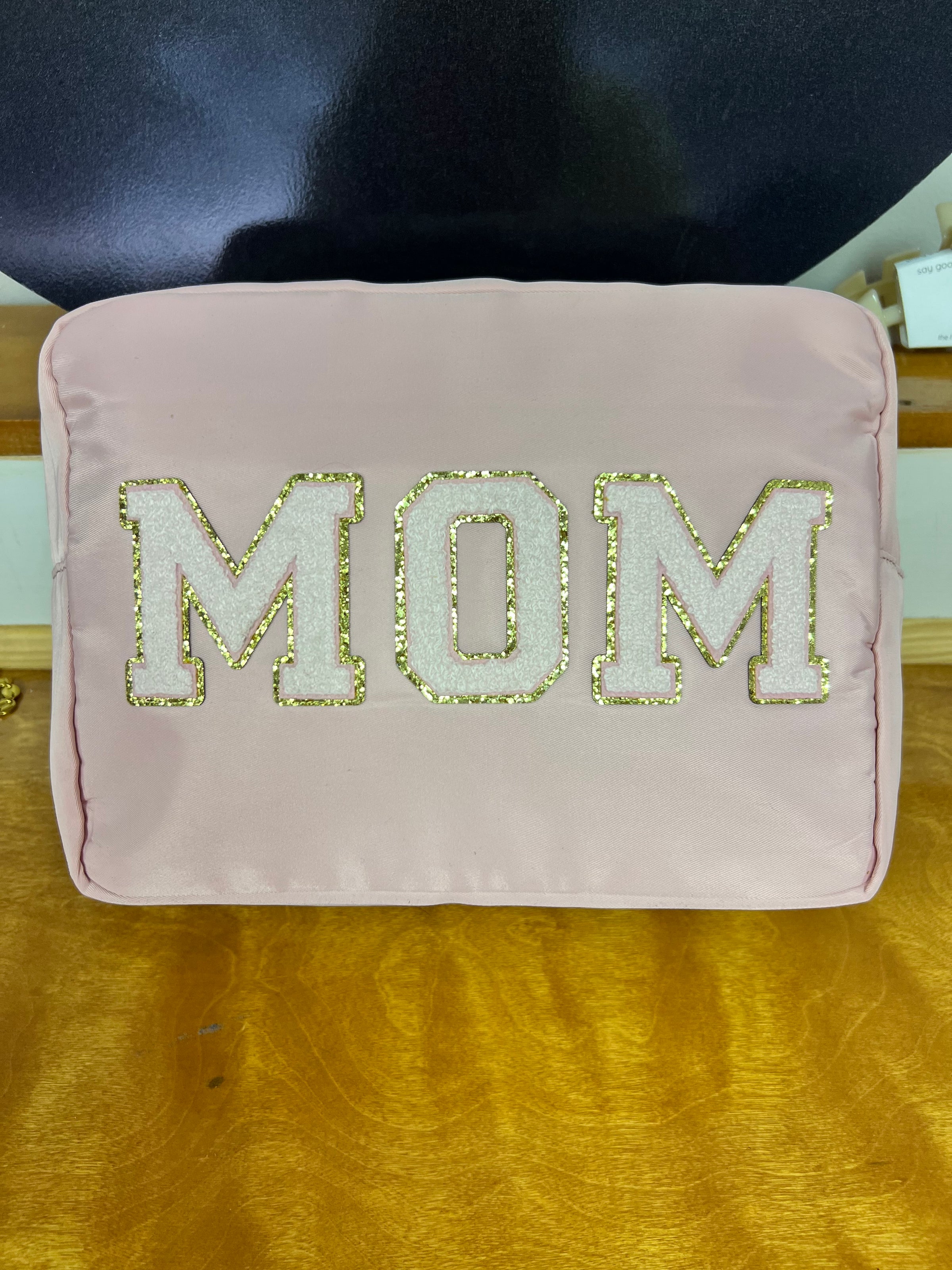 MOM XL Nylon Varsity Pouch - Pink with Gold Lettering Accessories MerciGrace Boutique.