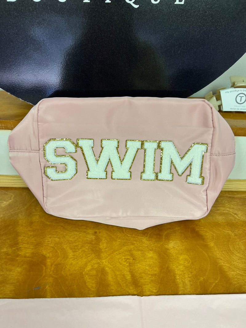SWIM Xl Nylon Varsity Pouch - Pink with Gold Lettering Accessories MerciGrace Boutique.