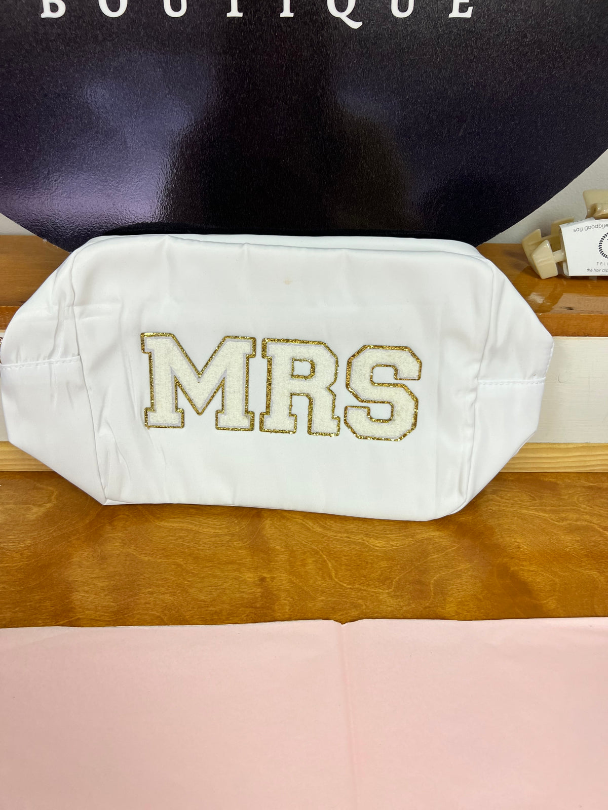 MRS Xl Nylon Varsity Pouch - White with Gold Lettering Accessories MerciGrace Boutique.