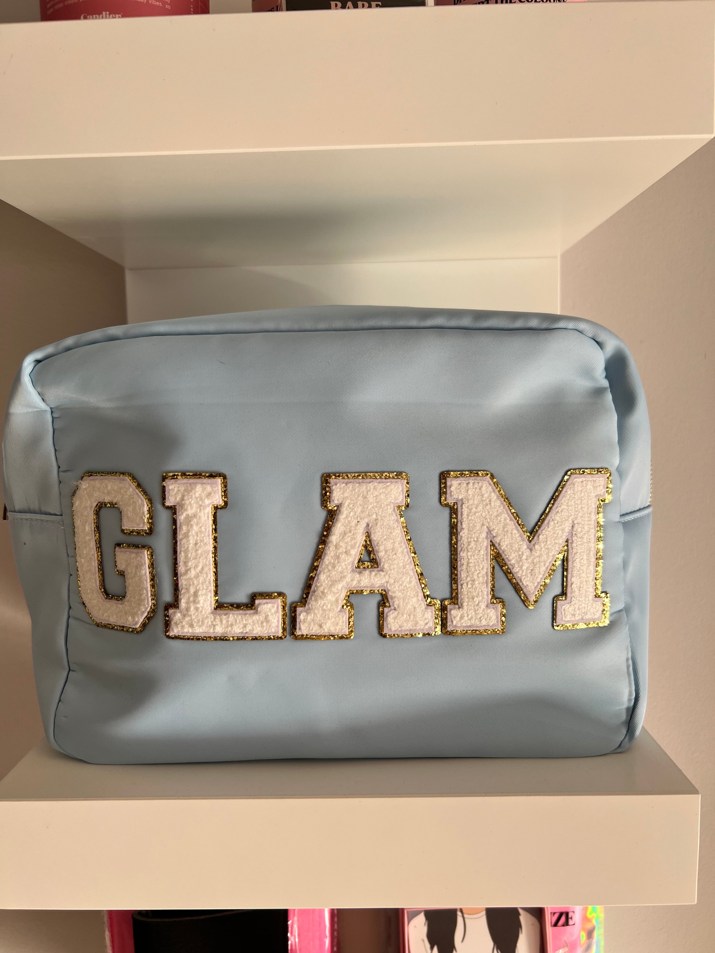 GLAM XL Nylon Varsity Pouch - Blue with Gold Lettering Accessories MerciGrace Boutique.