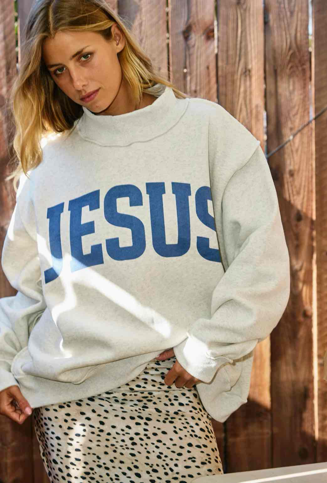 Jesus / God Is Good Reversible Mockneck Gray with Blue Print