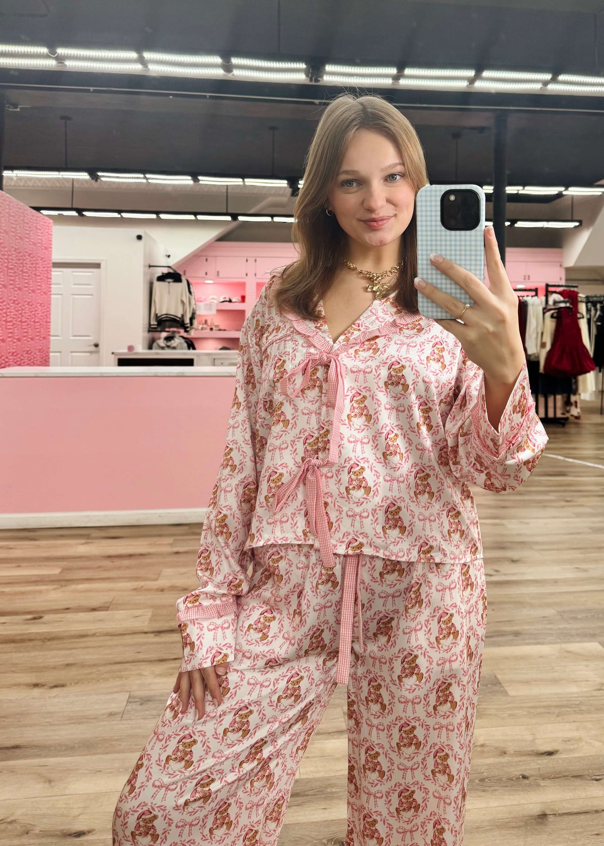 Bear & Bow Satin Christmas Pjs - Cream/Pink