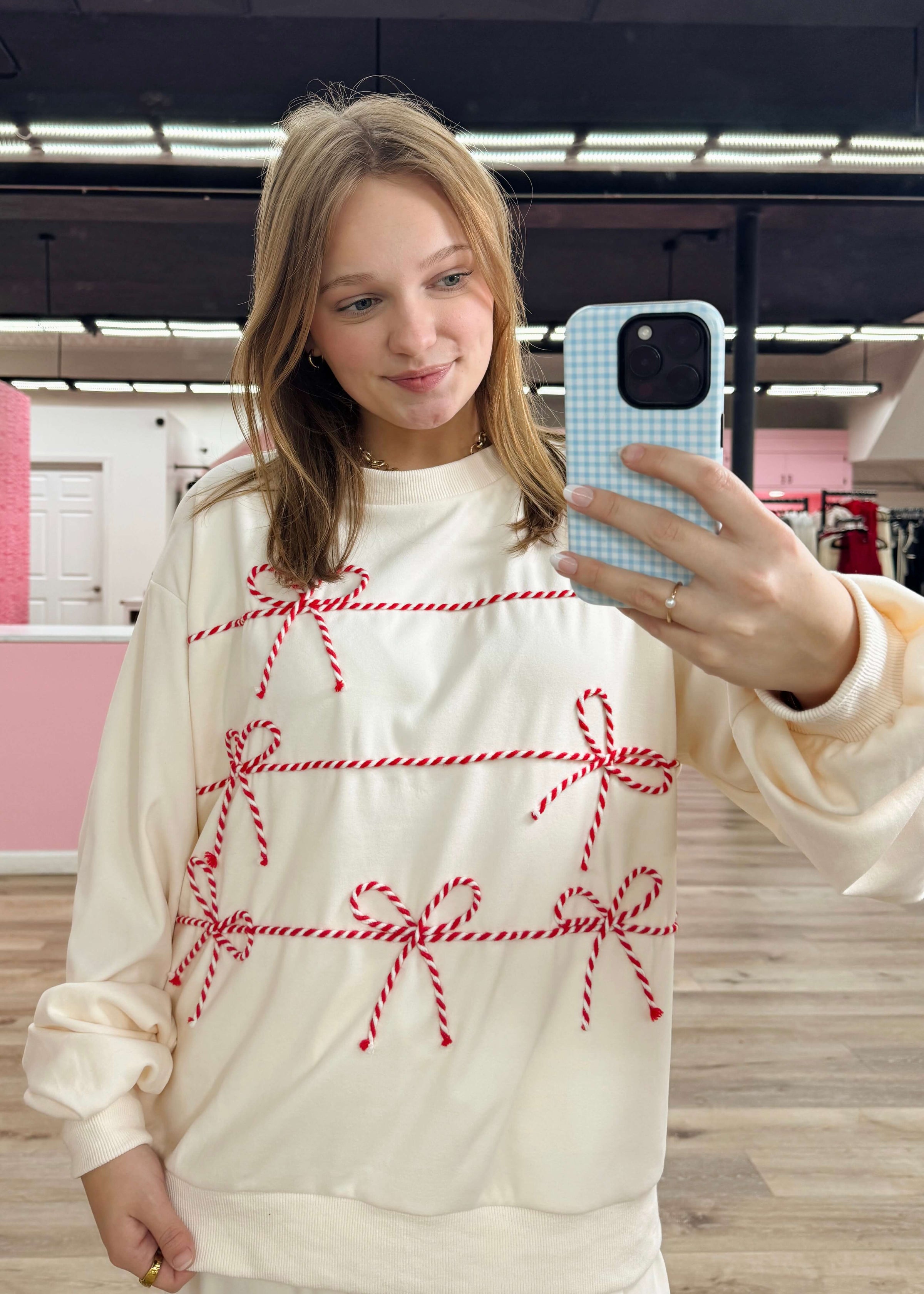 Peppermint Twist Sweatshirt - Cream/Red