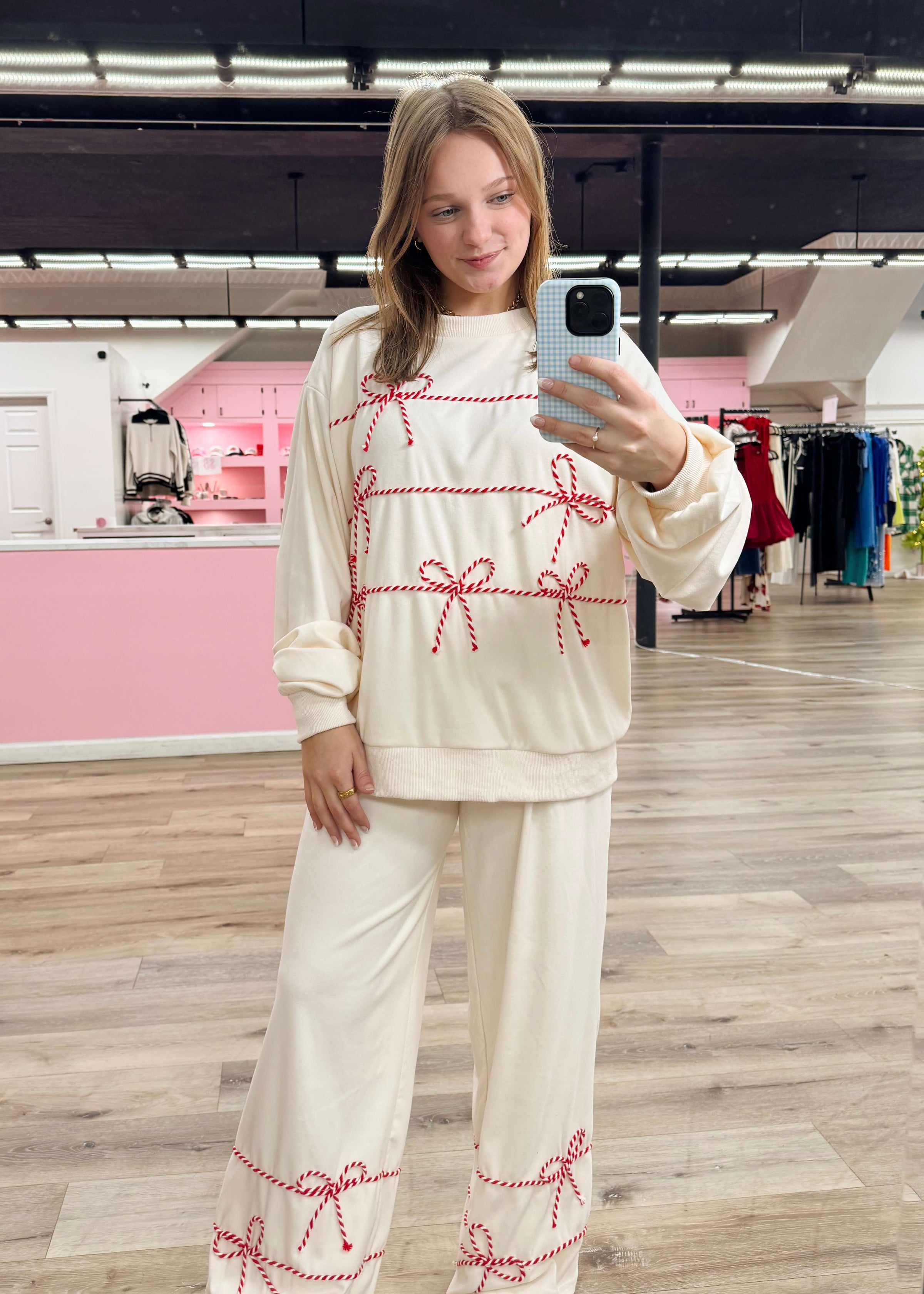 Peppermint Twist Sweatpants - Cream/Red