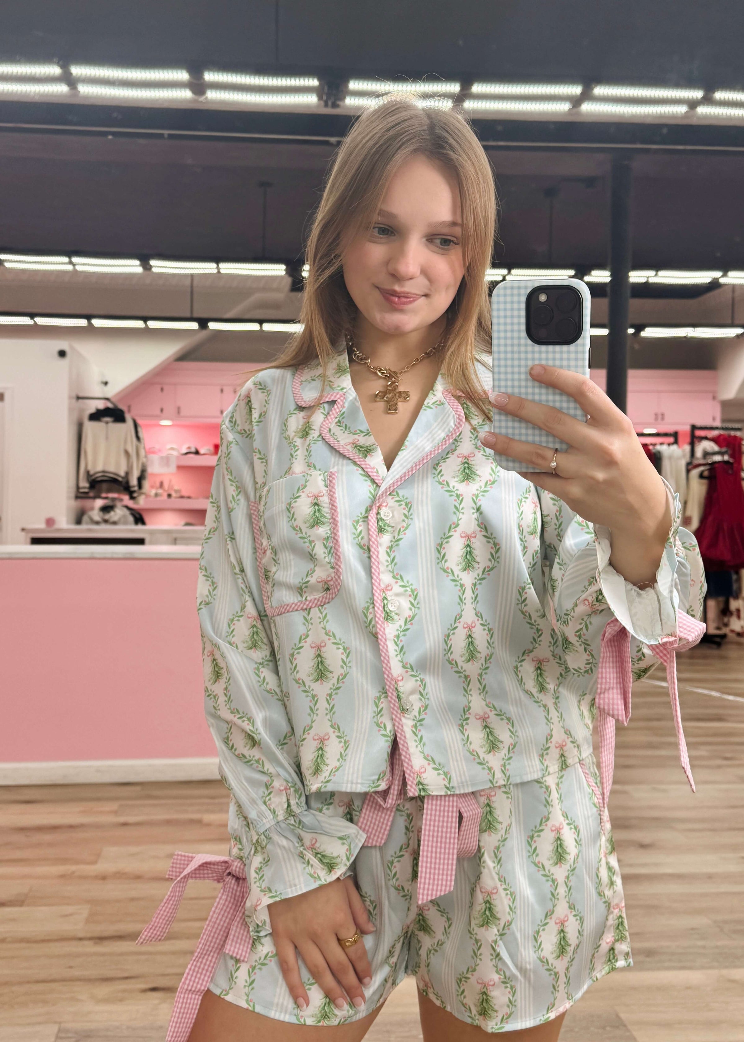 Under The Tree Satin Christmas Pj Set - Blue/Pink