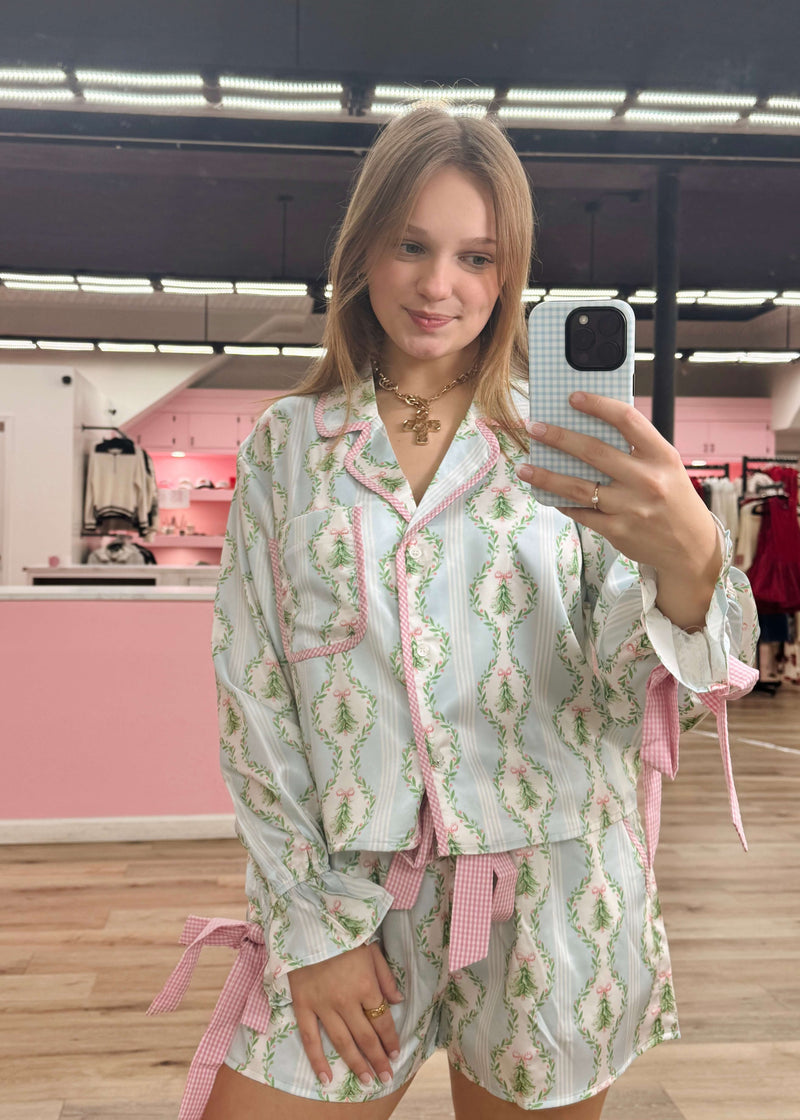 Under The Tree Satin Christmas Pj Set - Blue/Pink