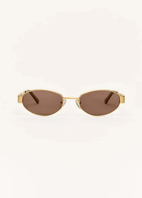 Gold-framed sunglasses with brown lenses on a white background