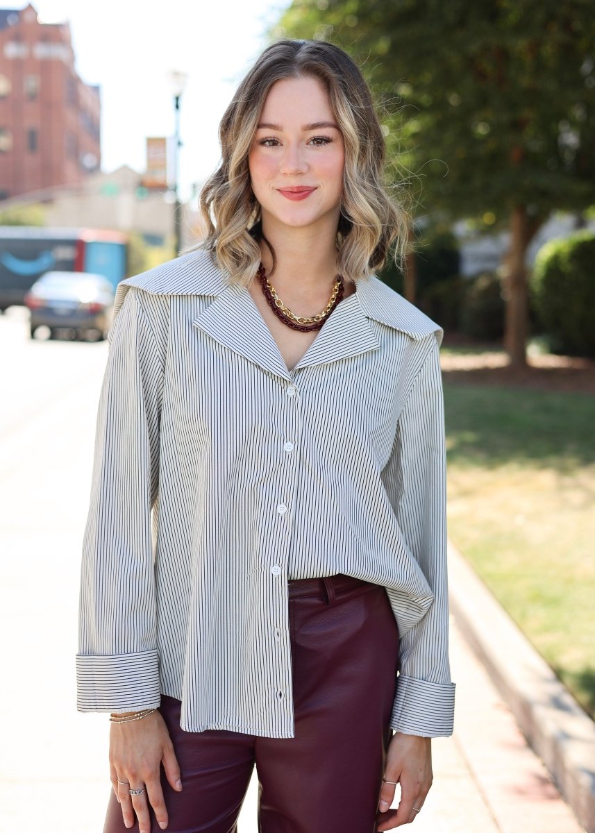 After Hours Striped Button Down - Cream/Striped