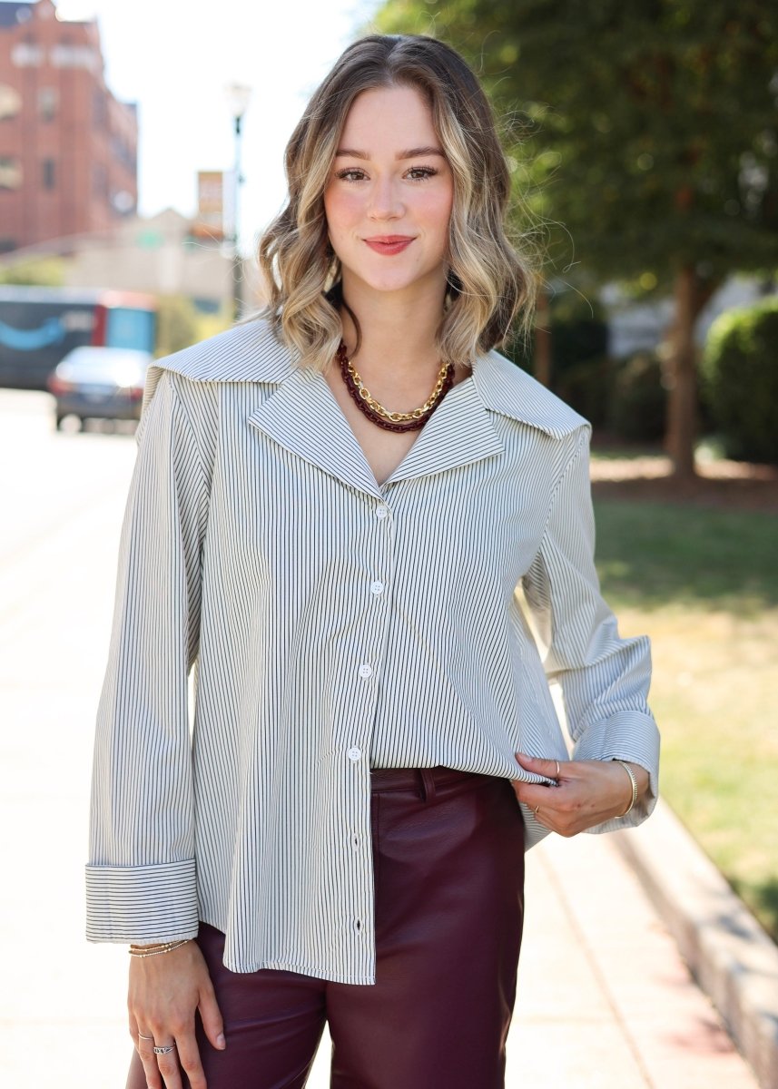 After Hours Striped Button Down - Cream/Striped - MerciGrace BoutiqueTop
