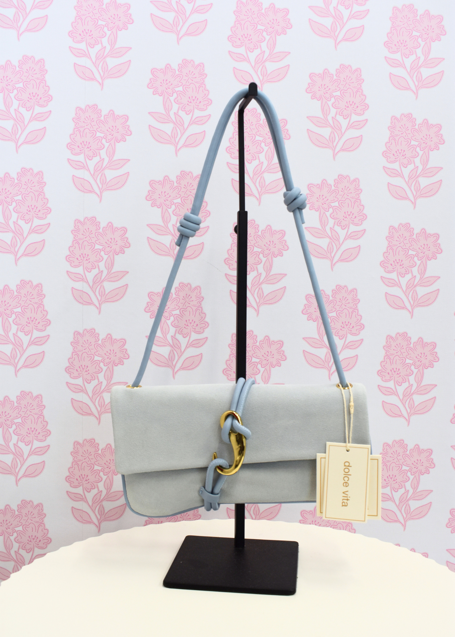 Suede adjustable shoulder bag with metal hook clasp