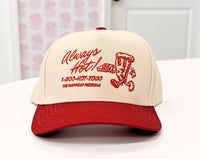 Red and natural structured baseball hat with Always Hot embroidery