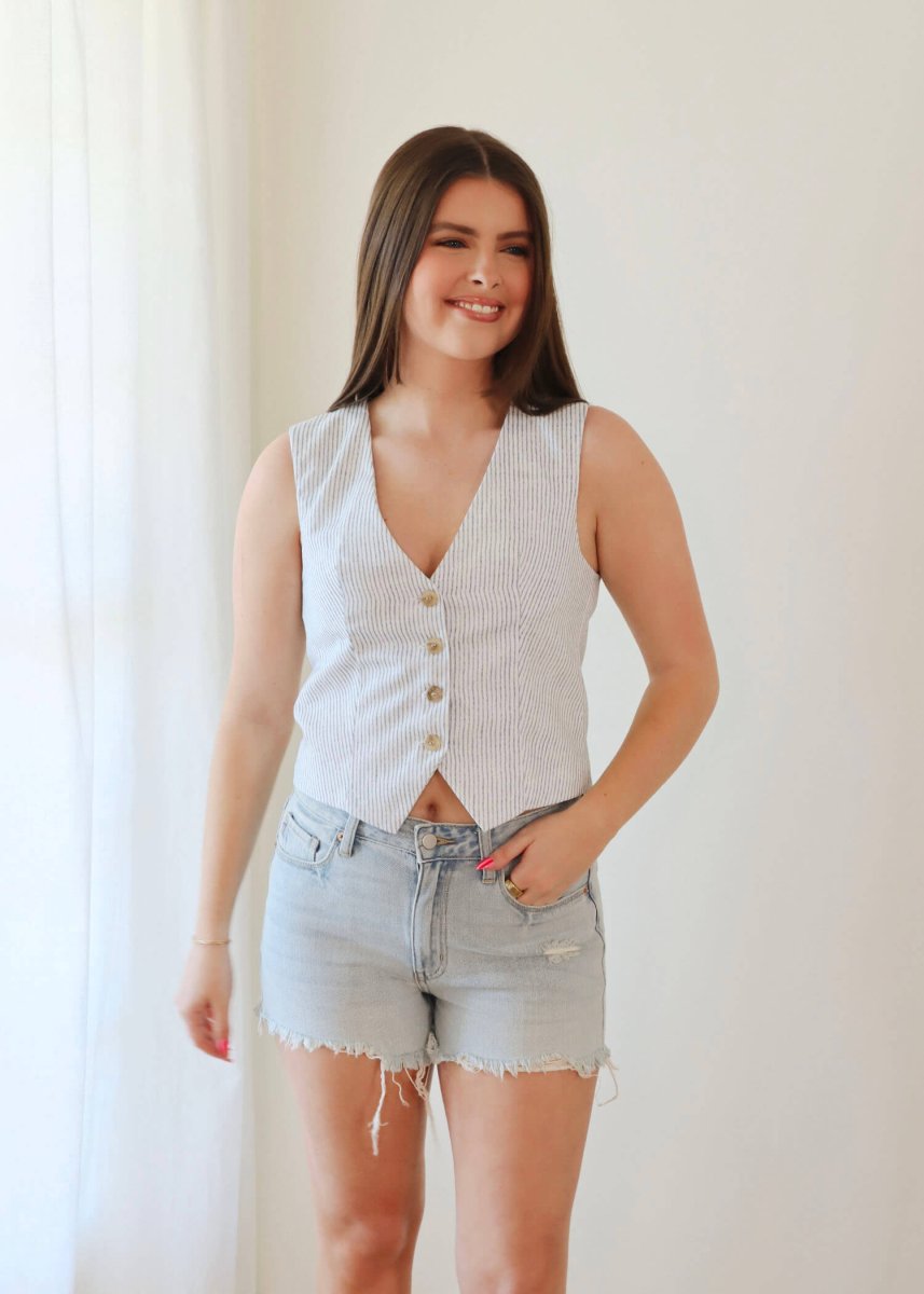 Amelia Pinstripe Vest - White/Blue - MerciGrace BoutiqueVest