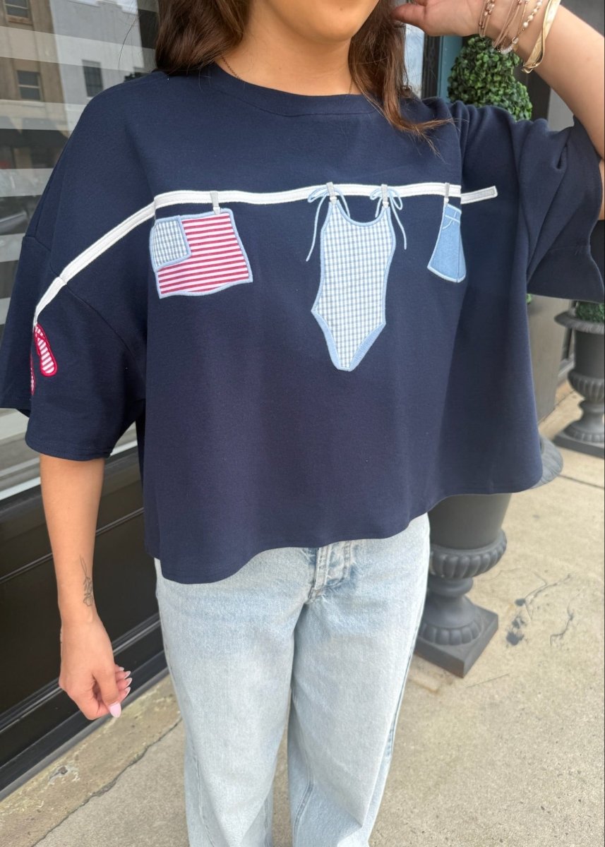 American Summer Clothesline Boxy T-Shirt - Navy - MerciGrace BoutiqueTop