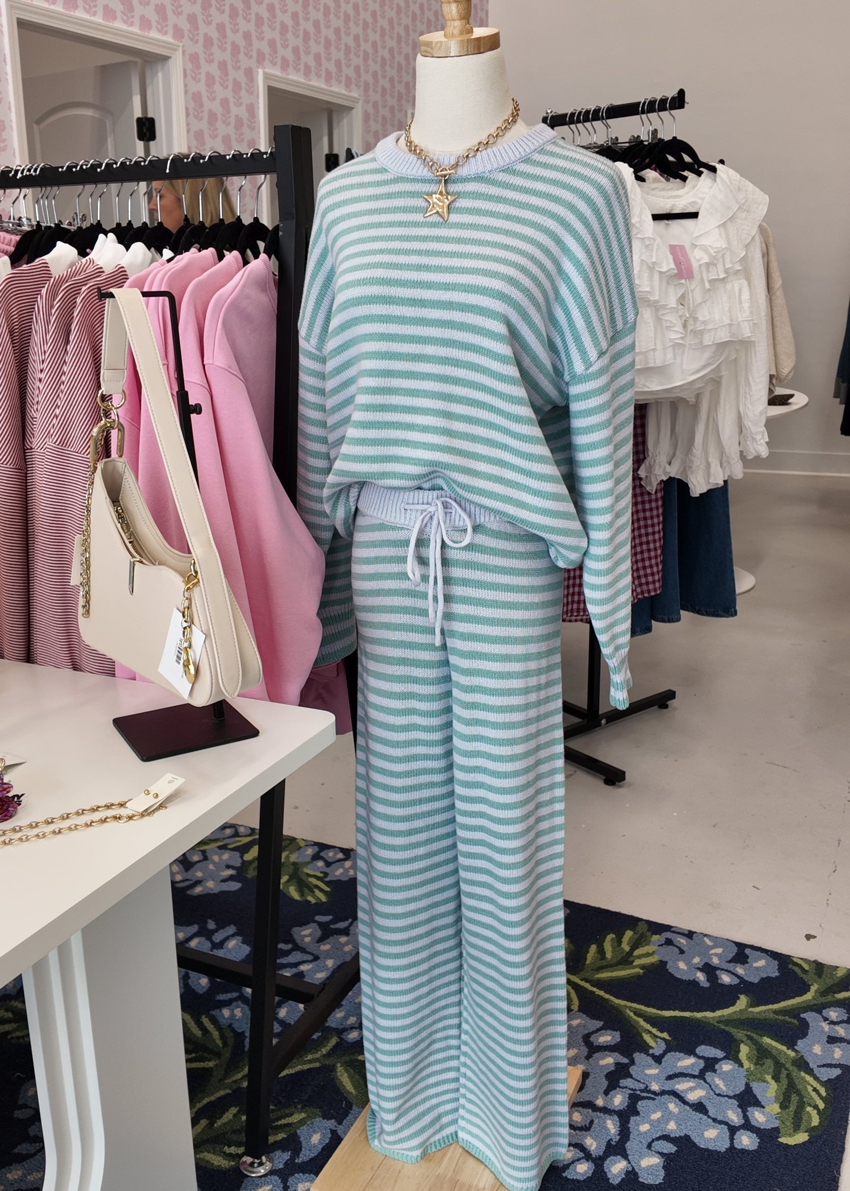 Aqua and light blue striped sweater and wide leg pants matching set