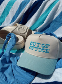 Baby blue Out of Office vintage trucker hat for vacation