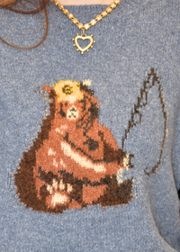 Close up of knit design with bear fishing