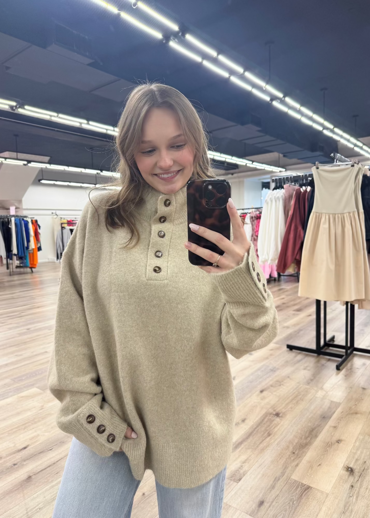 Solid Long Sleeve High Neck Sweater with Button Neck and Cuffs - Taupe