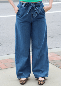 Belt Detail High Rise Pants - Denim - MerciGrace BoutiquePants