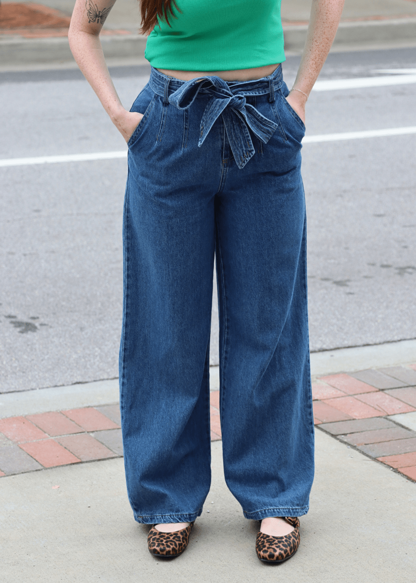 Belt Detail High Rise Pants - Denim