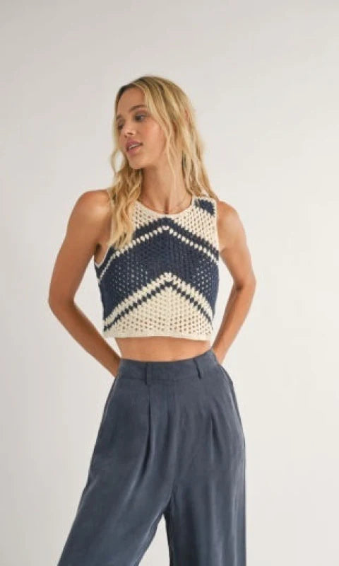 Beverly Crochet Sweater Tank- White/Navy.